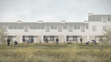A drawing of a row of white buildings with people working in the garden in front of them
