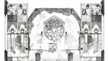 A black and white drawing of the side of an old building with a round patterned window in the middle