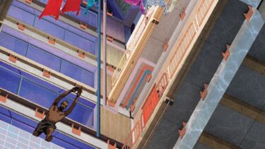 A painting of the view up the open inside of a block of flats with clothes lines hung between levels and a shirtless man leaning over one edge