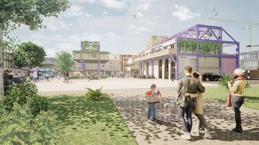 A drawing of a plaza with buildings made from purple frames and green park areas with people walking through them