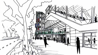 A sketch of black figures walking around and inside a glass-fronted building with an escalator inside it