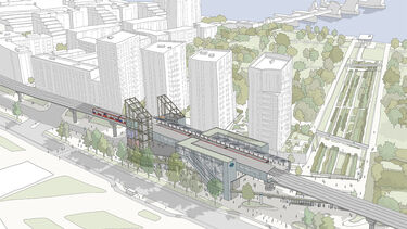 A drawing of a train station on a large train track running into a city skyline