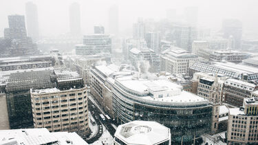 Snow covered city buildings