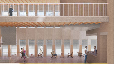 A drawing of the cross section of multiple stories of the inside of a building with railings