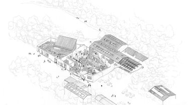 A black and white map design of a collection of buildings surrounded by forest