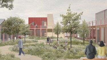 A drawing of people enjoying a garden area in between buildings