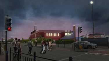 A drawing of people using a road crossing to go towards a new building at night