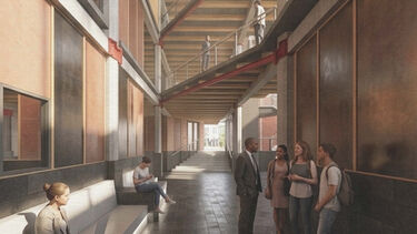 A drawing of people in a corridor of a building with an open second floor walkway above them