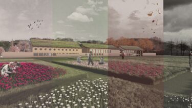 A painting of people walking through flower gardens in front of buildings with grass rooves