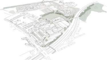 A drawing of a town from above with a railway line running in front of it
