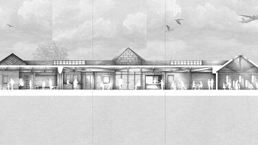 A black and white drawing of a long and low building with white figures sat inside it and with legs extending into a lower level of ground at each end