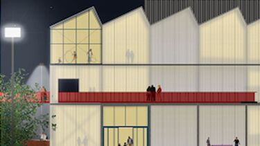 A drawing of the exterior of a building at night with pointy roof segments and people standing on steps outside