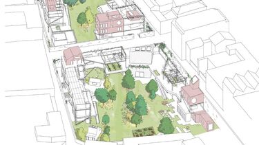 A partially coloured plan of two parks enclosed by various buildings