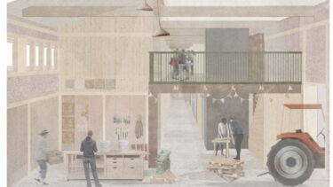 A drawing of a cross section of a wooden building with a balcony, people working inside it with wood and a tractor parked inside a garage section