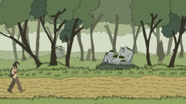 A cartoon of someone walking along a track beside trees, grass and rocks