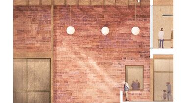 A drawing of the side of a brick building with people standing at the bottom and on stairs leading up to other floors