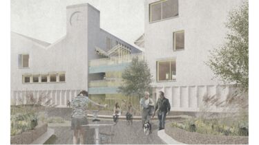 A painting of people and a dog walking in front of a tall white building with two towers and multiple balconies