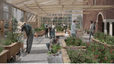 People tending to plants and flowers inside a greenhouse with wooden roofing