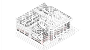 A black and white blueprint of a multistorey square building