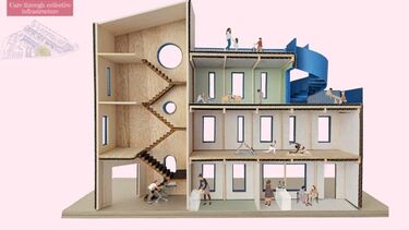 An open model of a building with thtree floors and various staircases, with people doing different tasks inside
