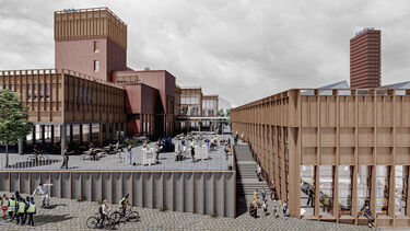 A rendering of buildings in a town on different levels, with people walking and cycling around them
