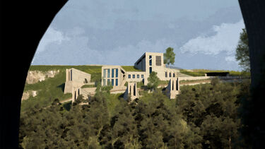 A painting of a modern tan building amongst trees viewed through the arch of a bridge