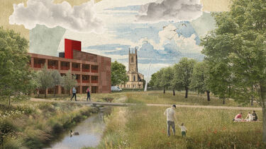 A painting of people in a park with a modern red building and an old church in the background and a stream running through