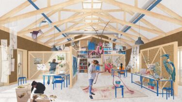 A drawing of the interior of a studio with wooden beams and people working on various models and pictures