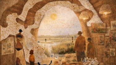 A painting of people and a cat inside a straw building looking out at a sunny field