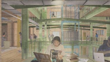 A drawing of a person drawing on a tablet in a multistory building made with green metalwork with other people walking around