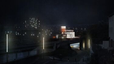 A drawing of a glass-fronted building lit up amongst a dark night skyline