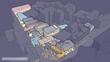 A drawing of various lit up buildings in colour clustered in a street surrounded by blank purple buildings