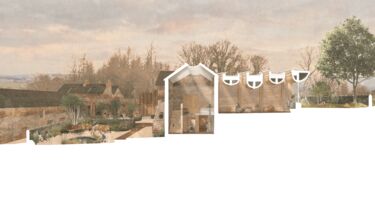 A partial painting of a courtyard, a garden and some buildings built progressively up a hill, with white space below ground level