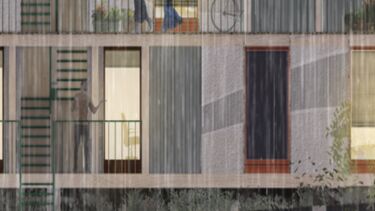 A painting of people walking on the balconies of the different floors of a block of flats in the rain with a heron in the foreground