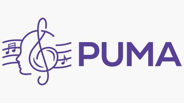 A stylised image of a treble clef overlaying a person's head, positioned to look like headphones. There is a stave and musical notes behind it, and the word PUMA next to it.