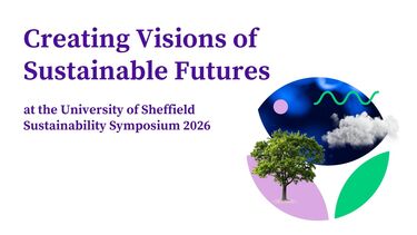 Purple text on a white background reading: "Creating Visions of Sustainable Futures at the University of Sheffield Sustainability Symposium 2026". On the right hand side there is a circular illustration featuring a photo of a tree and a cloud