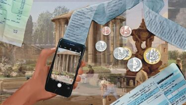 A composite drawing of a phone camera pointing at a historical building with a long receipt coming out of it and coins and plane tickets overlaid