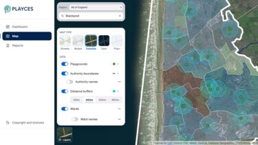 A screenshot of the Playces dashboard showing a map with different filters and settings users can use to query data