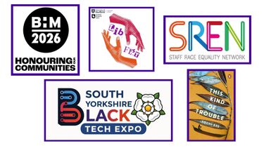 A banner including the logos for Black History Month 2026, Lib Fest, the Staff Race Equality Network, the South Yorkshire Black Tech Expo, and the cover of Toche Eze's book "This Kind of Trouble" 