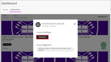 On the External Courses Dashboard, an Achievement details pop up gives the option to Download a Course certificate, indicating which course it is aligned to.
