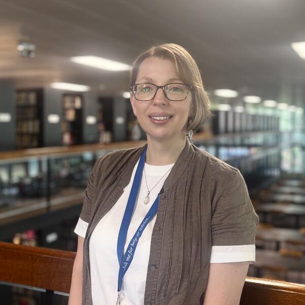 Profile picture of Katherine stands in Western Bank Library