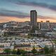 Sheffield City centre skyline at dusk.