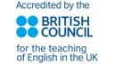 An image of the British Council logo with the text 'Accredited by the British Council for the teaching of English in the UK' around it