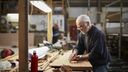 Older male with grey hair doing woodwork