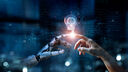 AI robot touching human hand stock image