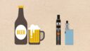 Illustration of a bottle of beer with a glass and two e-cigarettes