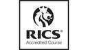 Monochrome logo: side profile of a lion wearing a crown. Text underneath: RICS (Registered Trademark symbol) Accredited Course