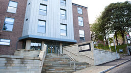 The Management School building from the front showing entrance