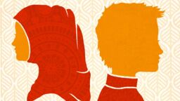 Illustration of a woman and man in red and yellow