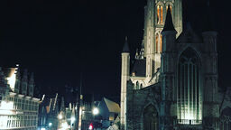 A church and city scene at night